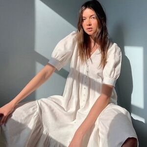 WILFRED Ohara Tiered Linen Maxi Dress White Puff Sleeve